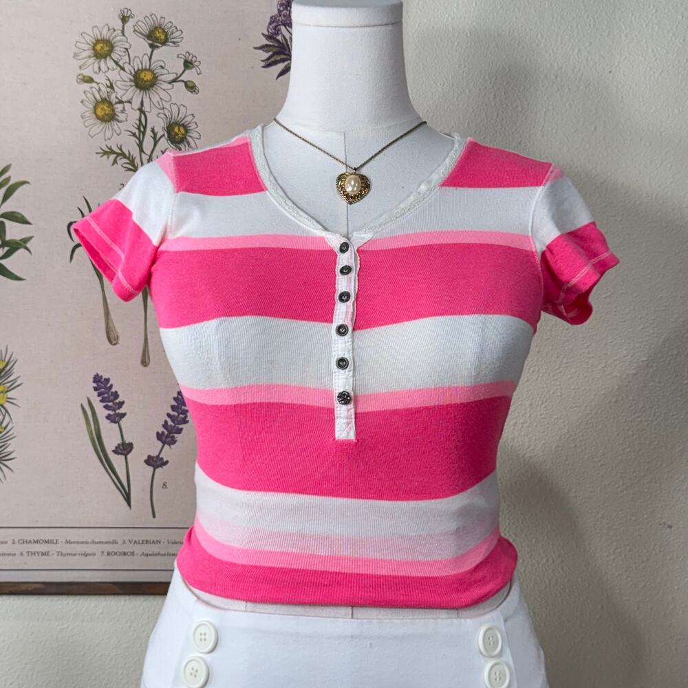 Y2k Pink White Striped Lace Trim Henley Top New Preppy SoCal 90s Prep S M
